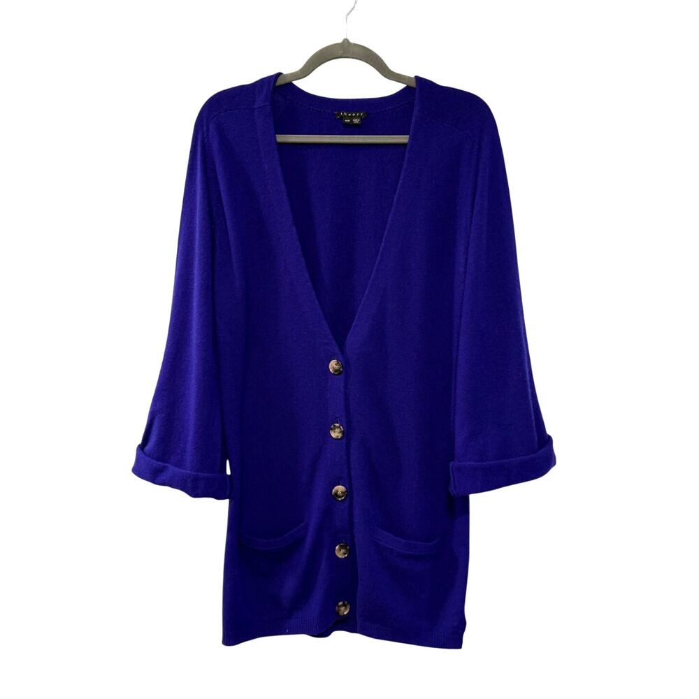 Theory M 100% Cashmere Long Button Front Cardigan Sweater $535 Bright Royal Blue